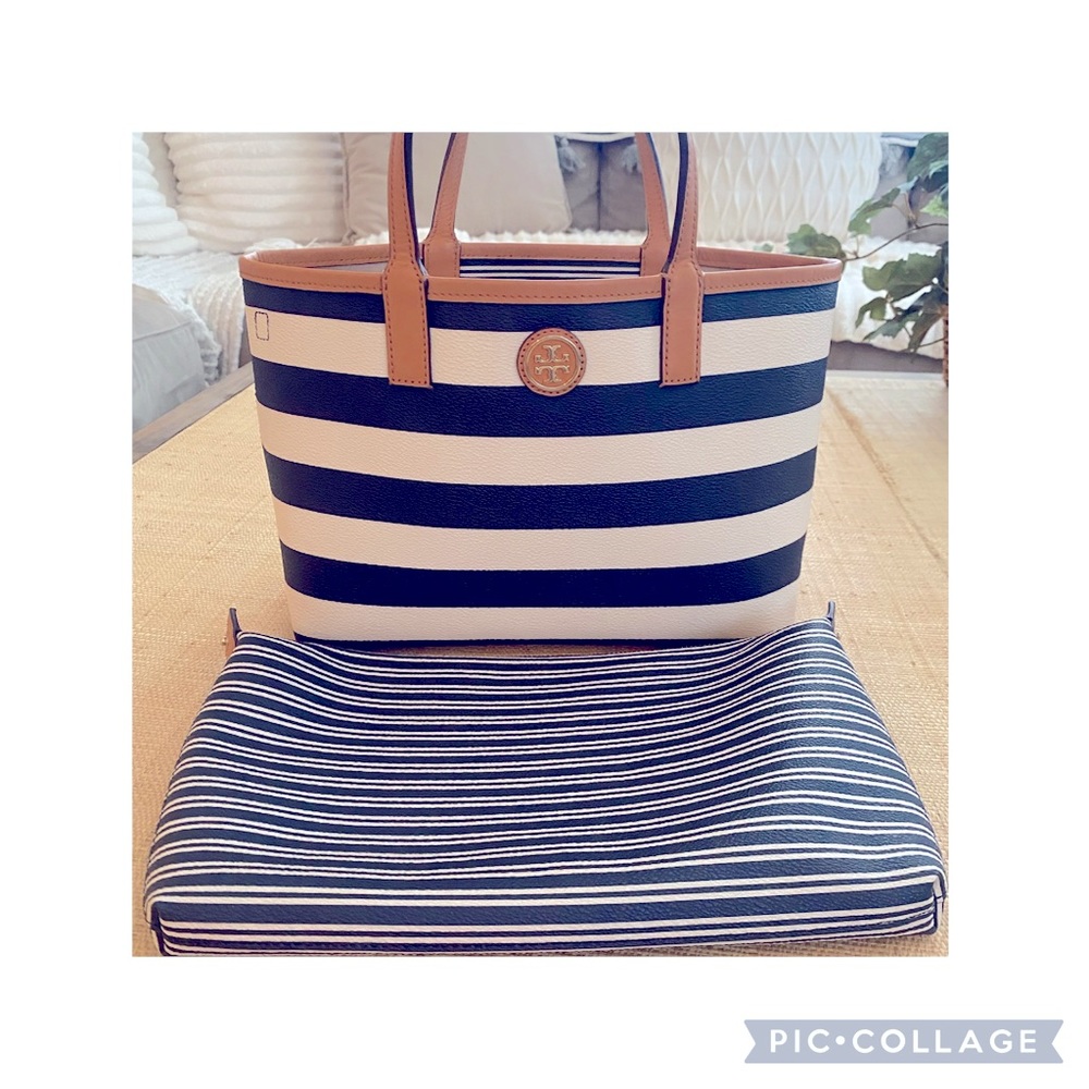 2 piece Tory Burch Bag and Clutch bundle sharp and navy and white striped